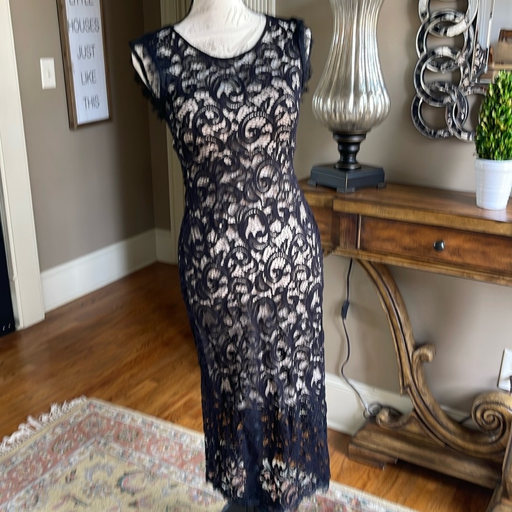 Black lace over beige slip formal dress!